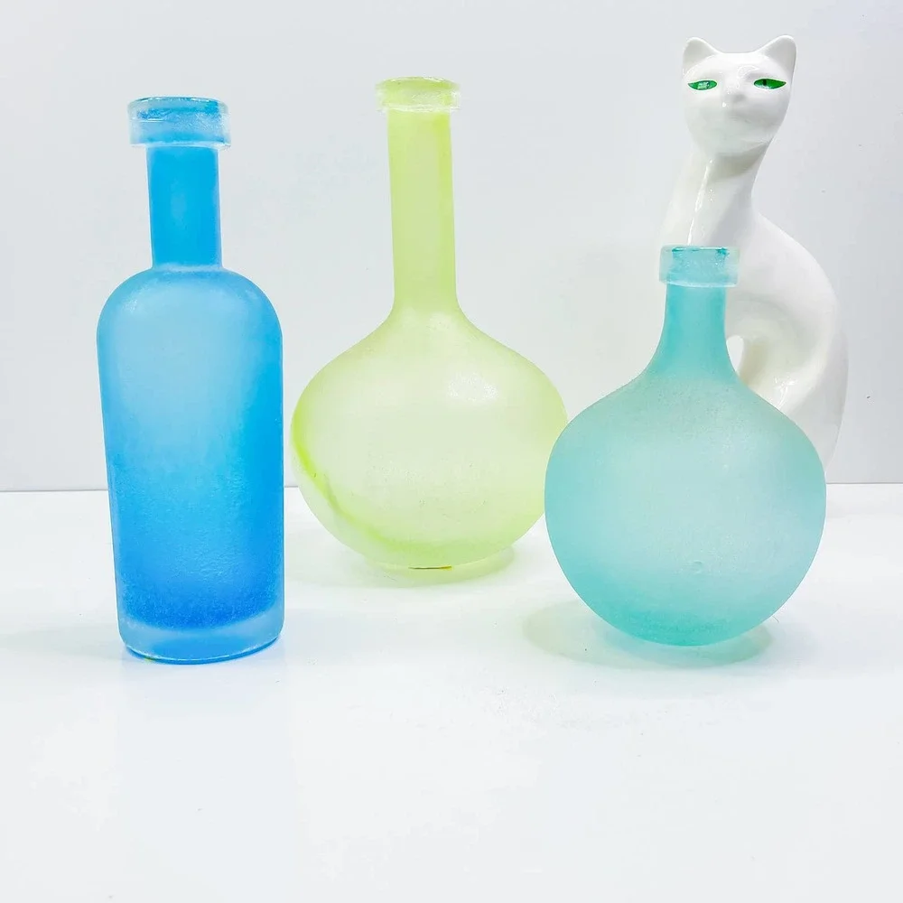 *(Note) West Elm Modern Decanters Set (3) no stopper decorative sea glass finish